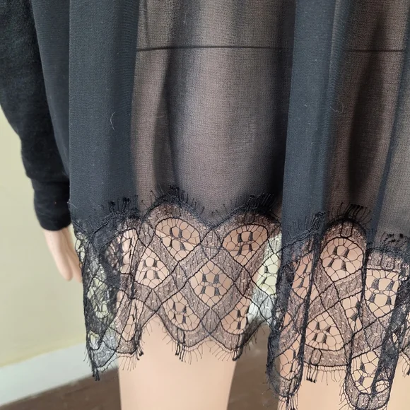 Sandro Paris Black Sheer Lace Hem Blouse Size 1 US S Linen Blend Long Sleeve - Picture 5 of 15